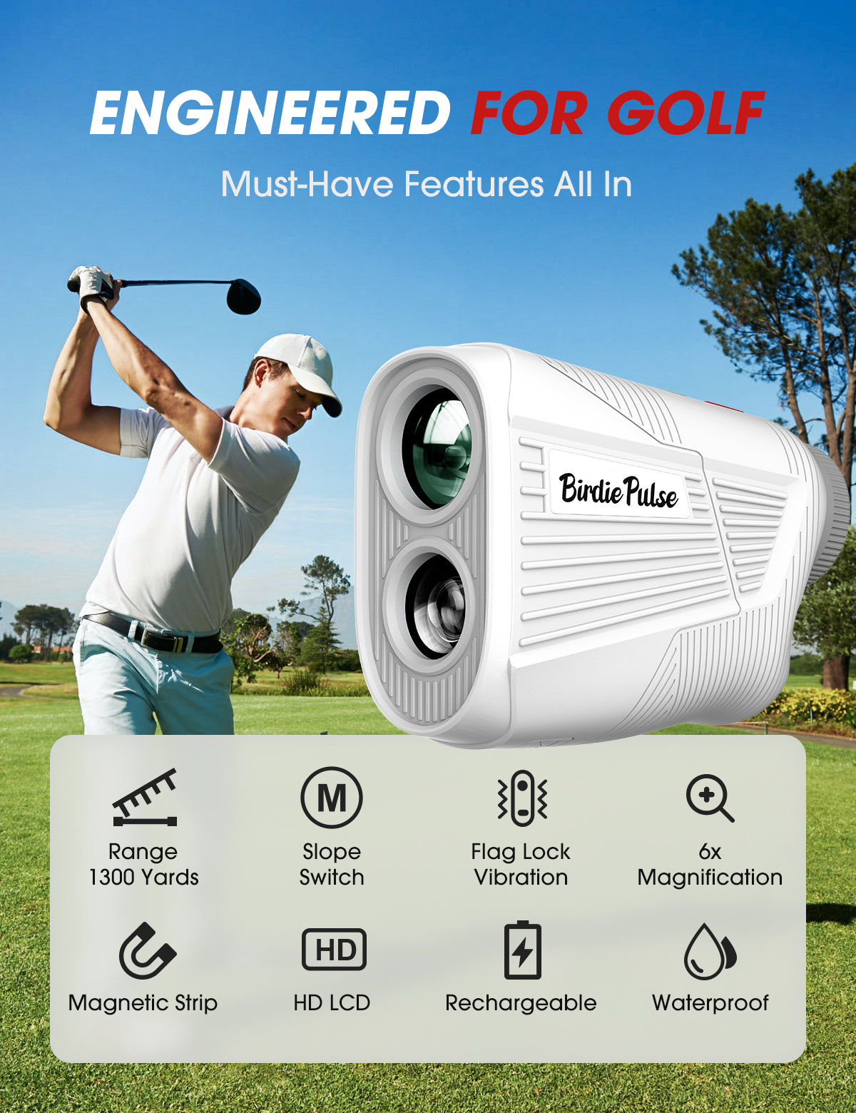 N5-1200 BIRDIEPULSE Golf Rangefinder with Slope & Magnet，1300 Yards Range Finder for Golf，Flag Locking Vibration，6-6.5X Magnification & HD LCD，Rechargeable Golf Range Finder