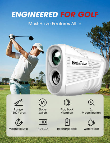 N5-1200 BIRDIEPULSE Golf Rangefinder with Slope & Magnet，1300 Yards Range Finder for Golf，Flag Locking Vibration，6-6.5X Magnification & HD LCD，Rechargeable Golf Range Finder